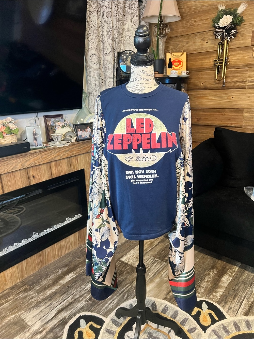 Led Zeppelin Handmade Up-Cycled Navy Long Sleeve Graphic Tee
